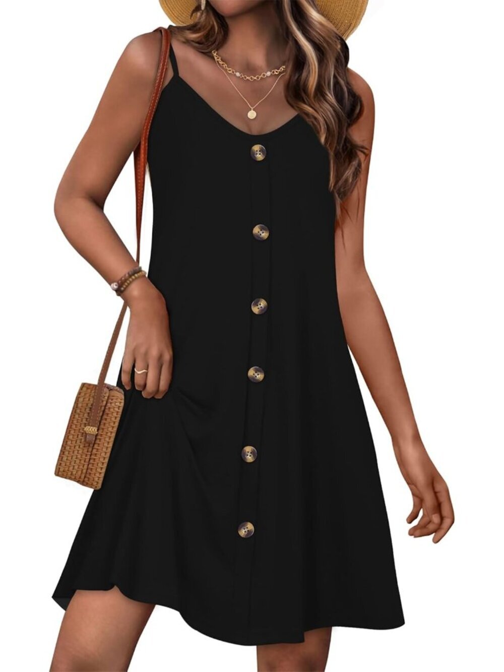 Women's Black Summer Dresses Spaghetti Strap Button Down V Neck Sundress Beach